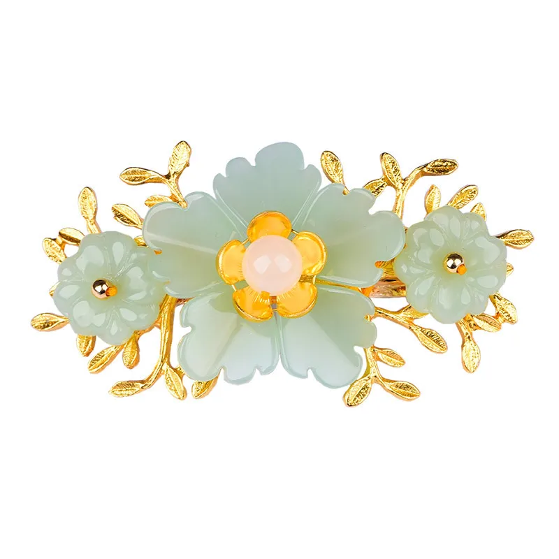 Gold Plated Jewelry - Зеленая Цветочная Заколка-пряжка из нефрита, Очаровательная